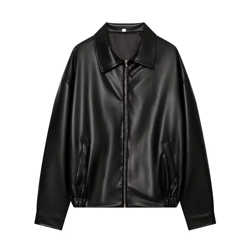 Guobioziy 2026 Women's Autumn Winter New Faux Leather Jacket Loose Drop Shoulder Fashion Outerwear