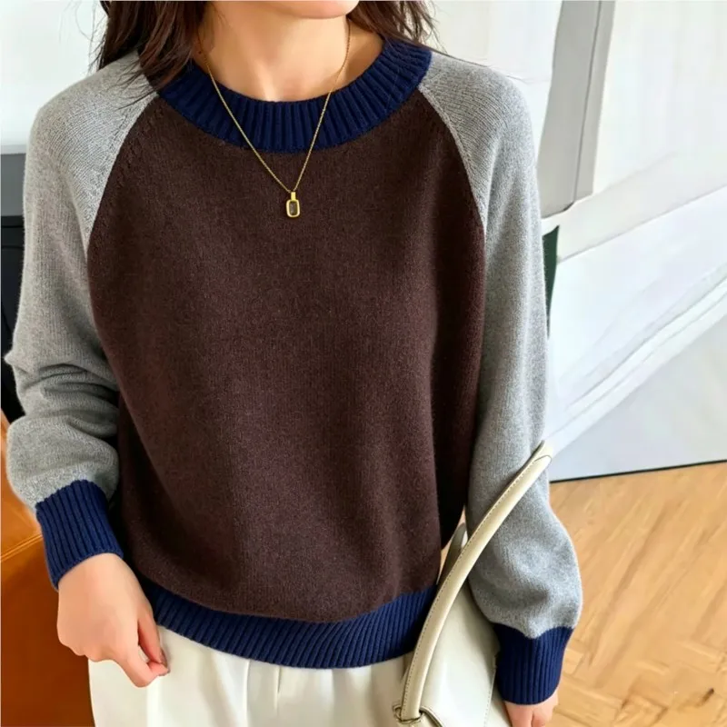 Women's autumn color blocking patchwork design sweater new round neck long sleeve casual fashion female vintage vests