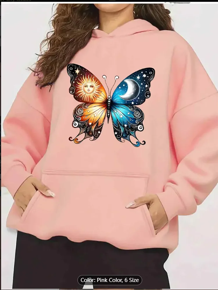 

Женская толстовка с капюшоном «Солнце, Луна, бабочка», графический принт, повседневная негабаритная толстовка с капюшоном на шнурке для любителей стиля бохо, чистый хлопок