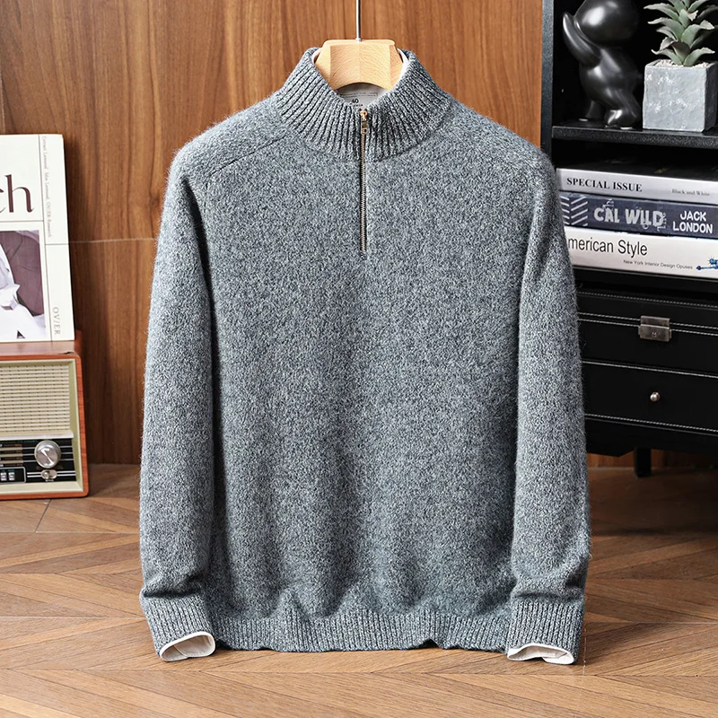 Men's cashmere half zip collar, thickened half high collar, knitted warm base sweater, winter casual fashion pullover