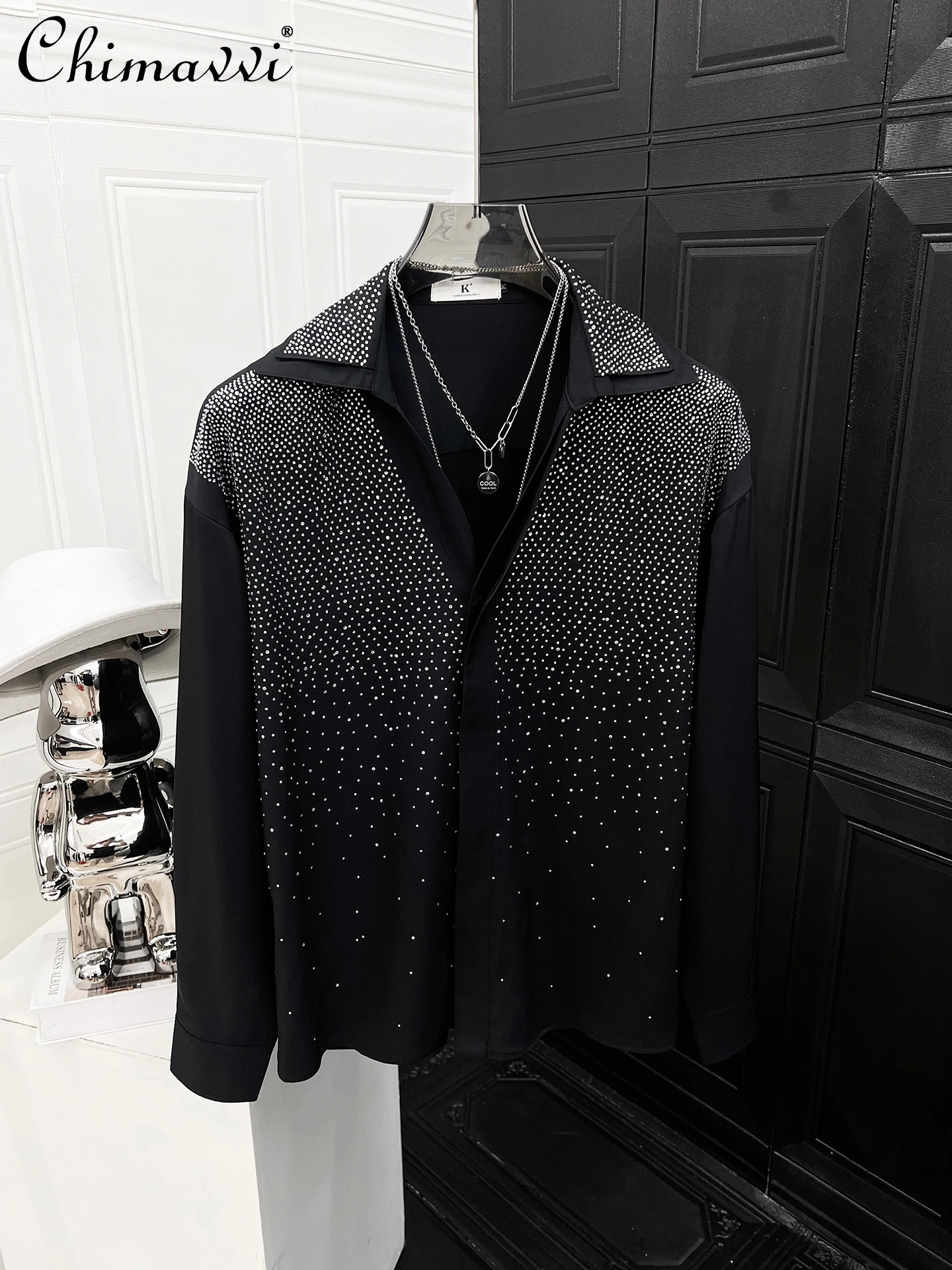

High-end Hot Diamond Long-sleeved Shirt Men's 2025 Autumn New Fashion Loose Handsome Casual V-neck Blouse Streetwear Tops