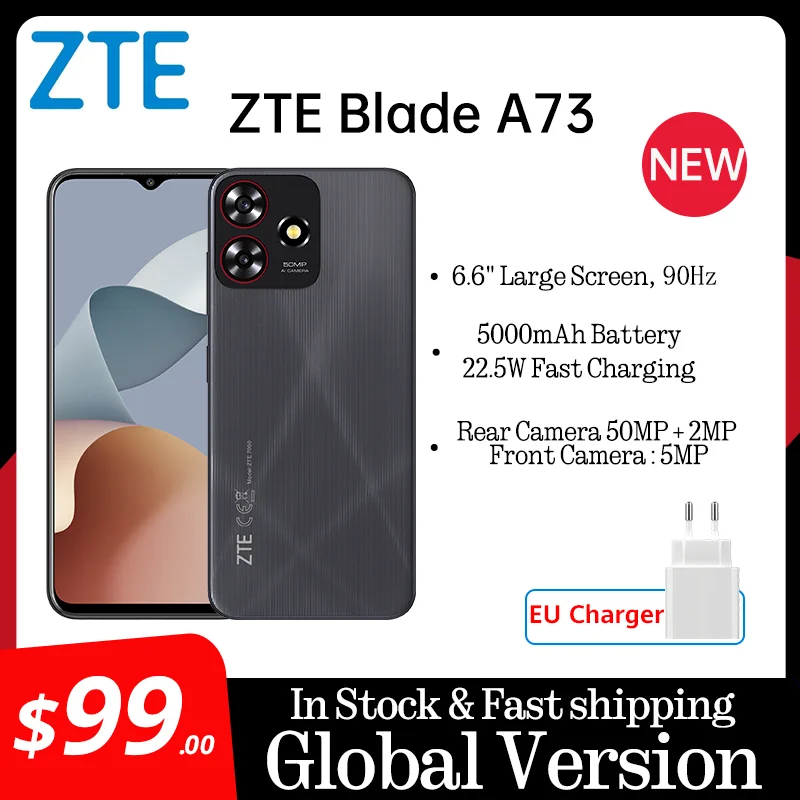 Global Version ZTE Blade A73  6.6" Large Screen 5000mAh Battery 50MP Al Camera128GB Large Storage 22.5W Fast Charge - Product Main Image