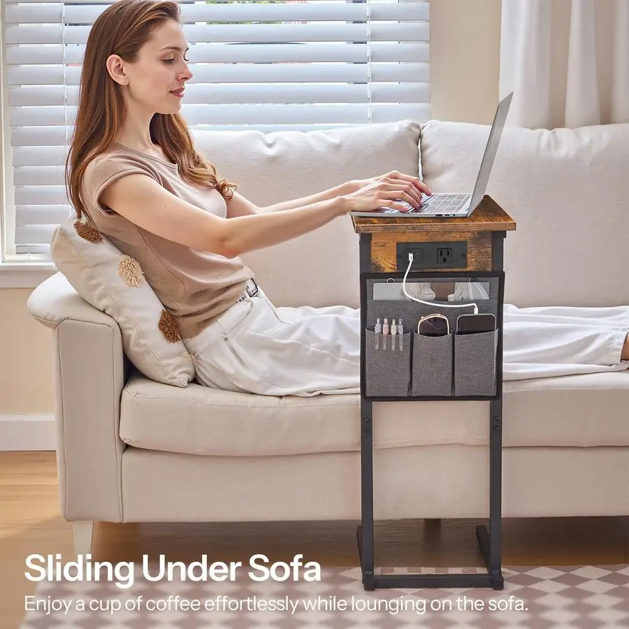 

C Shaped Side Table with Charging Station, Set of 2, Slide Under Couch Tables, 27.8 Tall Side Table for Sofa Arm with Fabric Sto
