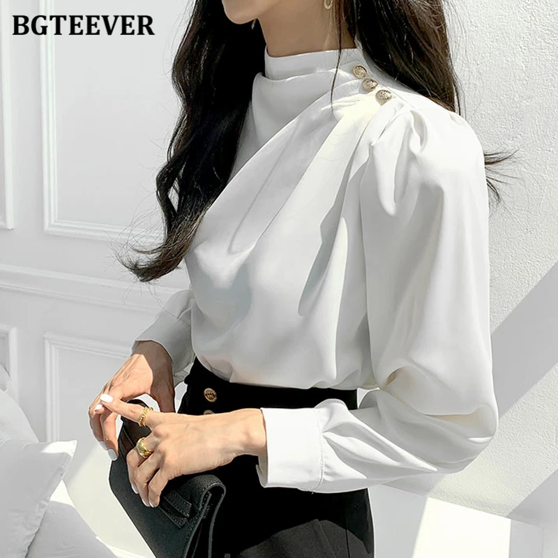 BGTEEVER Fashion Stand Collar Buttons Ladies Pullovers Blouses Elegant Long Sleeve Loose Women Shirts Spring OL Blusas