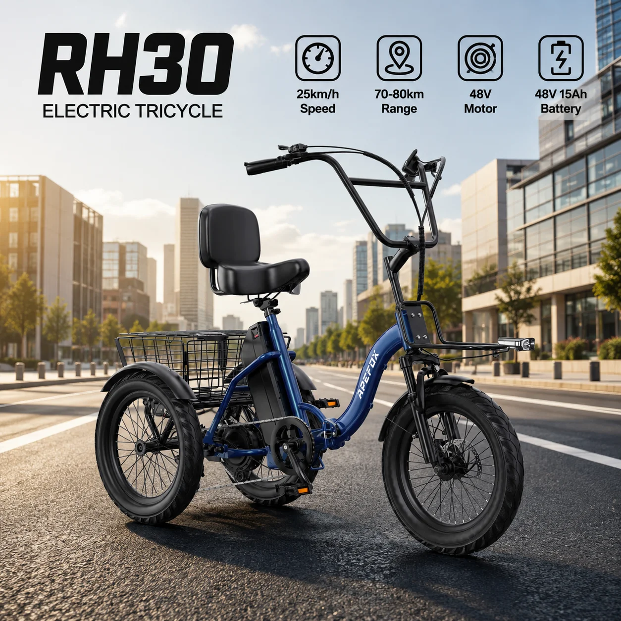 Triciclo Elettrico Pieghevole 2026 EU RH30, Motore 500W, Batteria 48V 15AH, Triciclo da Carico per Adulti a Lunga Autonomia, Velocità Massima 25KM/H