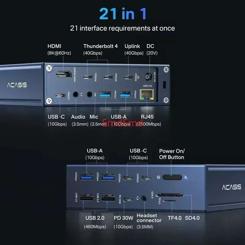 40Gbps Thunderbolt 4 21-in-1 Docking Station 90W PD 8K@60Hz SD/TF 4.0 Card Reader for Video Editing & Pro Workstation