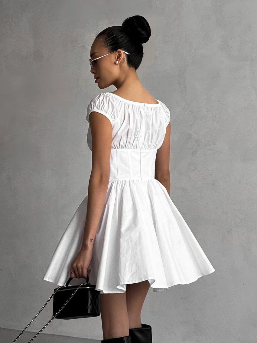 Marthaqiqi Cotton Ladies Nightgowns Short Sleeve Pajamas Sexy Square Collar Sleepwear Mini Dress Casual White Female Nightwear