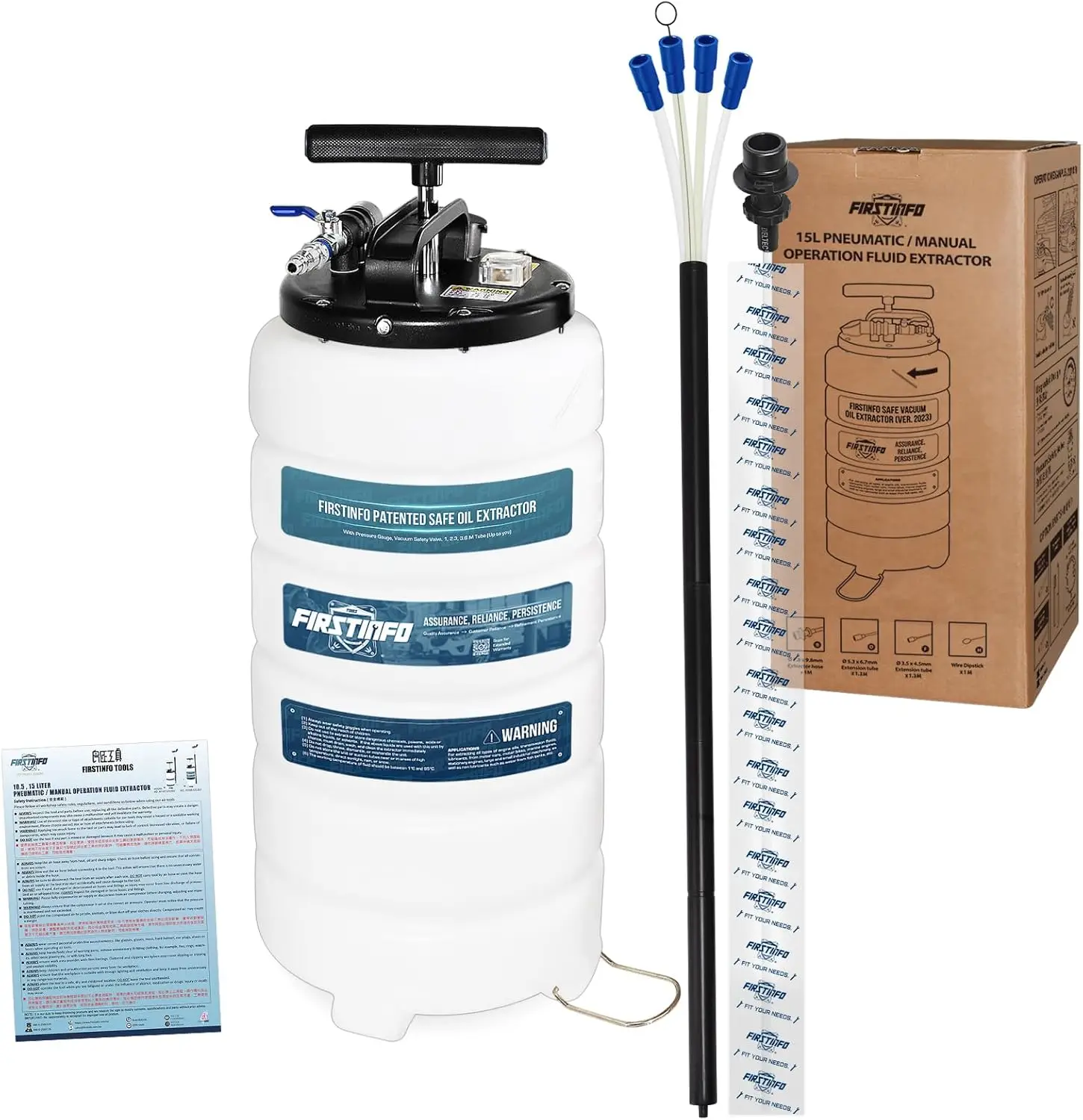

Patented 15L Oil Vacuum Extractor with Safety Gauge, 51 Inch Tube, 11.8 Feet Length - Manual/Pneumatic