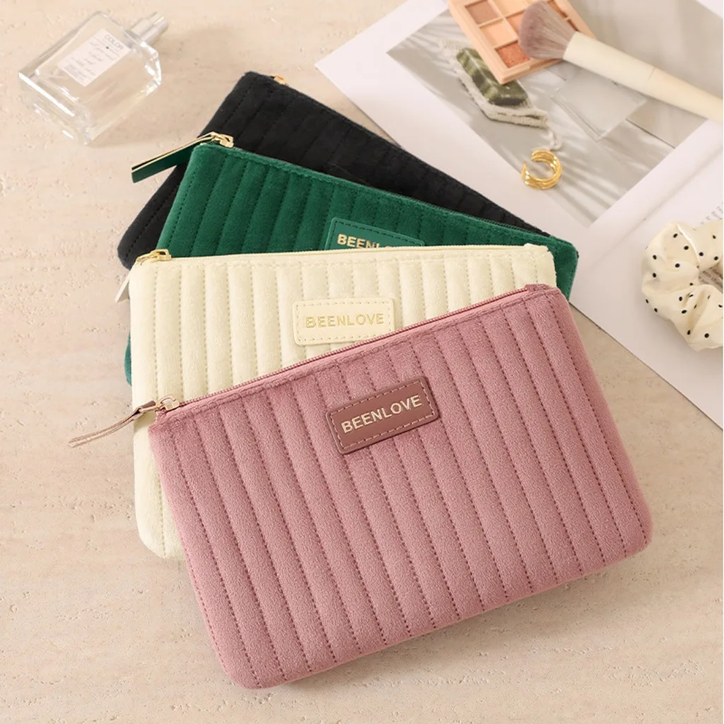 Soft Velvet Cosmetic Bag Women's Portable Makeup Pouch Travel Zipper Toiletry Organizer Solid Color Toiletry Pouch