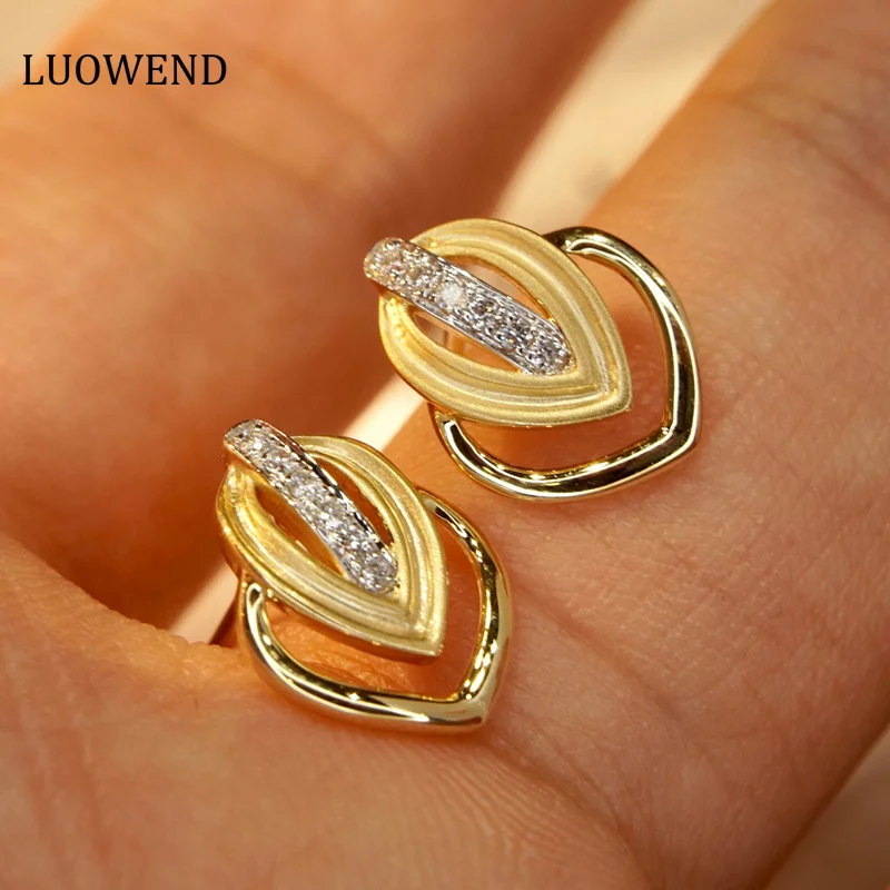 

LUOWEND 18K Yellow Gold Earrings Real Natural Diamond Stud Earrings for Women Engagement Vintage Leaf Shape High Wedding Jewelry