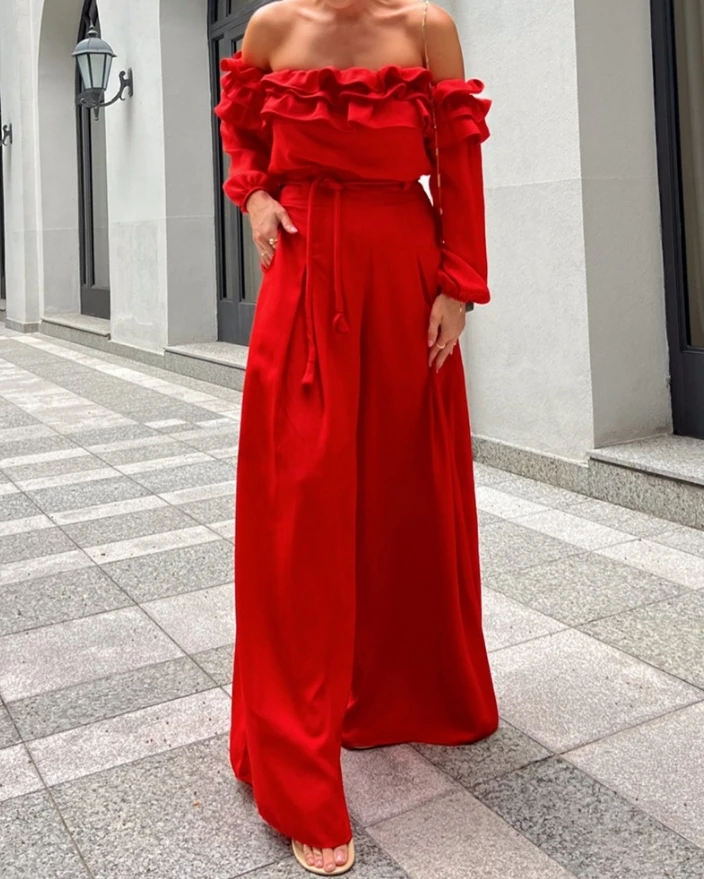 

2024 Spring Women Elegant Two Piece Set Long Sleeve Off Shoulder Ruffle Hem Top and Tied Detail Pocket Ruched Wide Leg Pants Set