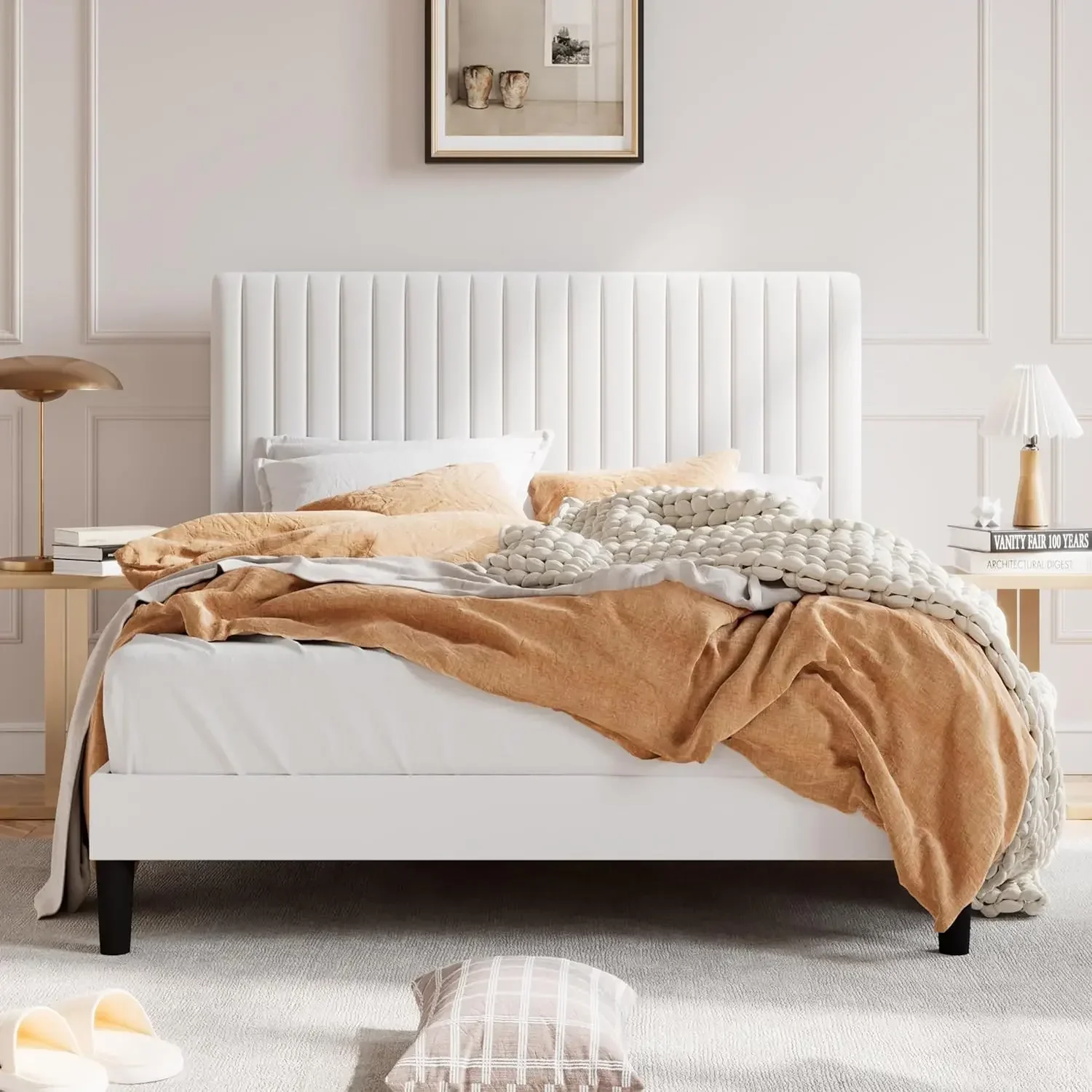 Full Upholstered Platform Bed Frame with Vertical Channel Tufted Velvet Fabric Adjustable Headboard, Off-White