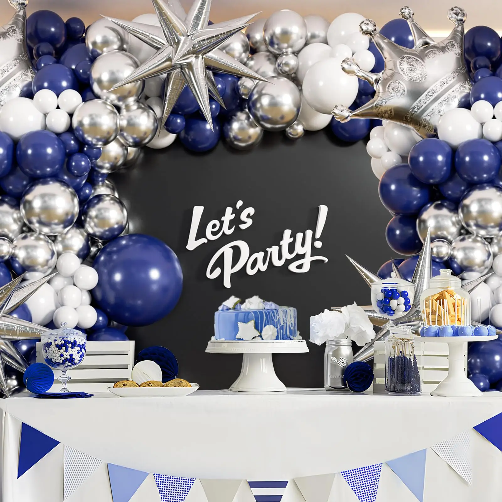 133Pcs Navy Blue and Silver Balloon Garland Arch Kit with Starburst-balloons for Graduation Wedding Anniversary Birthday Decor