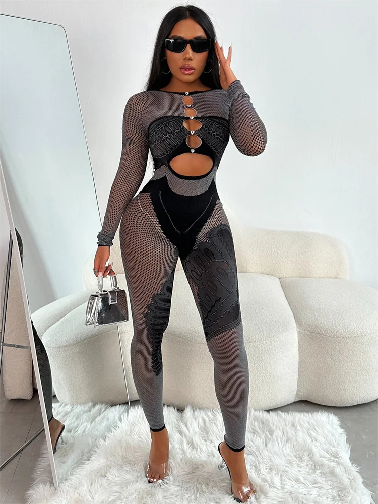 

Irregular Print jumpsuit Women Trend Hollow Contrast Patchwork Rhinestones Long Sleeve Sexy Hottie Stretch Streetwear