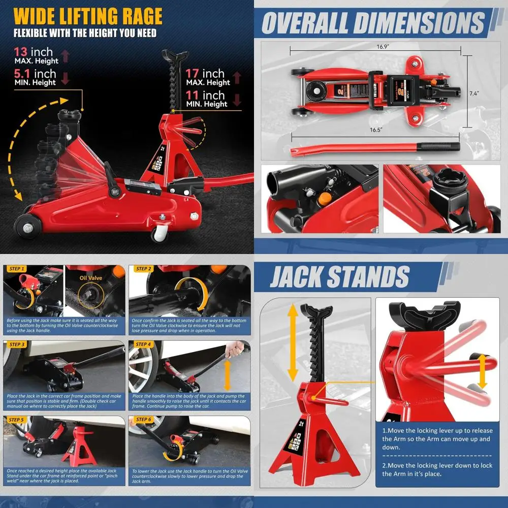 

2-Ton Low Profile Garage Hydraulic Floor Jack with Ratchet Stands for Cars, SUVs, and Trucks, Red