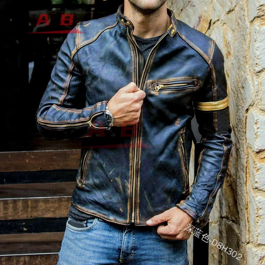 Motorcycle Retro Leather Jacket Streetwear Blazer Casual Jackets Men Outerwear Leather Jacket Motorcycle Street Gear S-5XL view 4