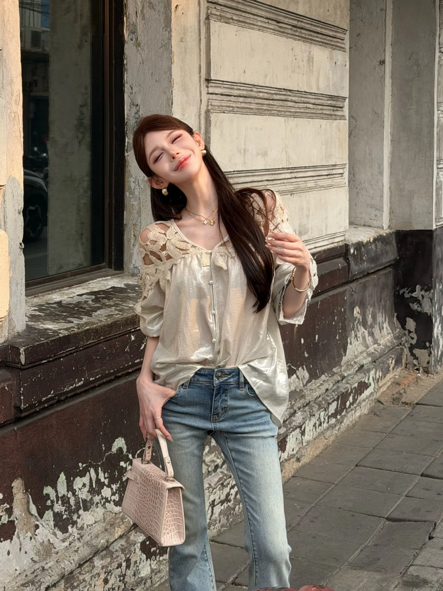 

Elegant V-neck Long Sleeve Hollow out Embroidery Shirt Women's Loose Fit Spring Design Slimming Top French Style Casual Wear