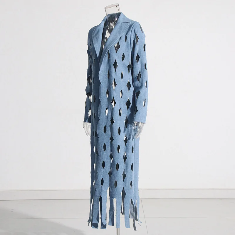 ZAMOR HIGH STREET Cross-Border Trench Coat 2026 New Unique Design Hollow Out Knot Fringe Long Denim Jacket for Women