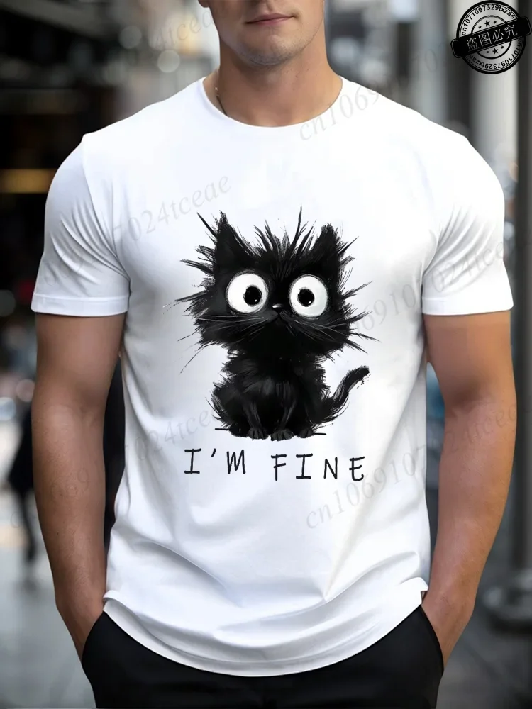 Fashion Men's I'm Fine Messy Black Cat T-Shirt Funny Sketch Cat Letter Graphic Crew Neck Short Sleeve Casual Humor Daily Tee
