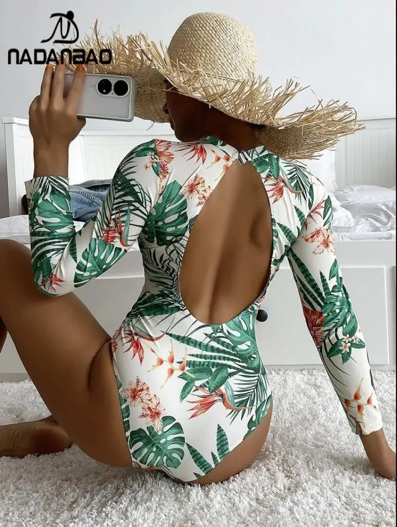 Nadanbao Women Backless Swimwear Long Sleeves One Piece Swimsuits Sexy Printing Bodysuit Bathing Suit Summer Beach Party Wear