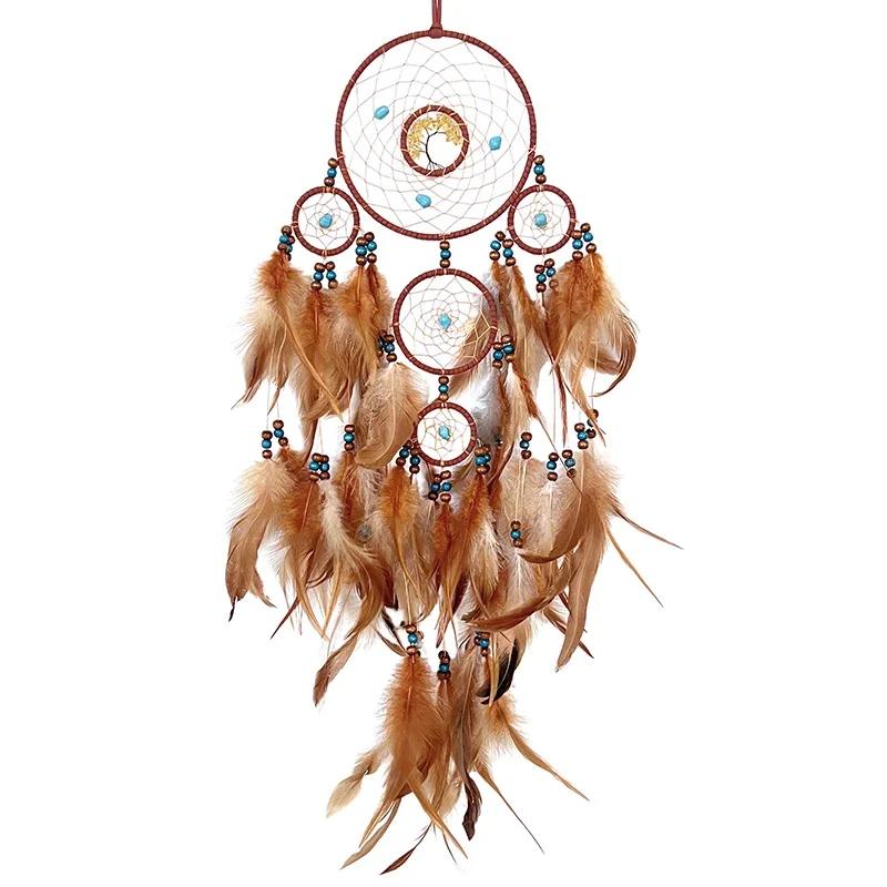 Brown Feather Five Rings Tree of Life Dream Catcher Pendant Handmade Dream Catcher Garden Living Room Wall Hanging Decoration