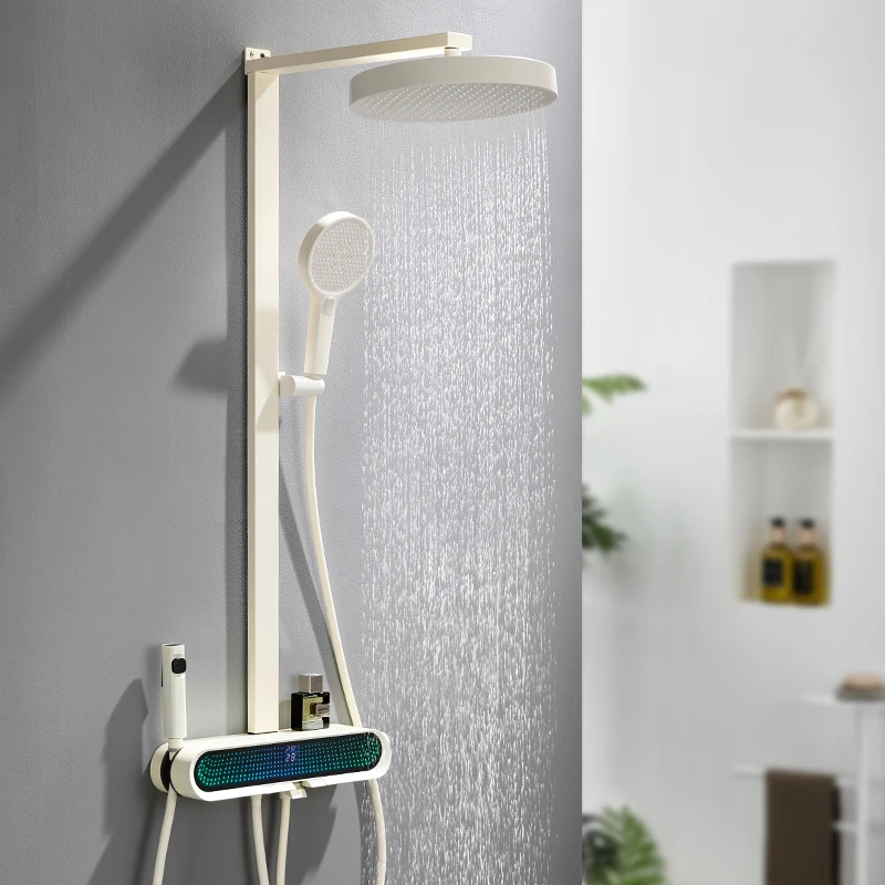 

Gun gray bathroom pressurized bath rain shower set hot and cold digital ambient light storage table