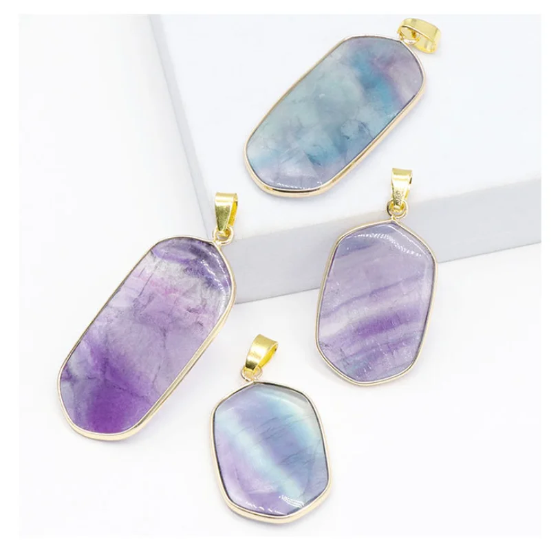 

10pc Green Blue Purple Fluorite Quartz Pendant Gold Edge Hexagon Prism Charm Jewelry Making