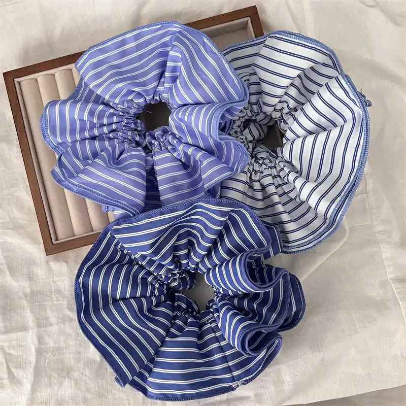 2025 Trend niebieskie paski tkaniny Scrunchies kobiety dziewczęta elastyczne gumki do włosów akcesoria krawat gumka do włosów liny nakrycia głowy nakrycia głowy — zdjęcie 7