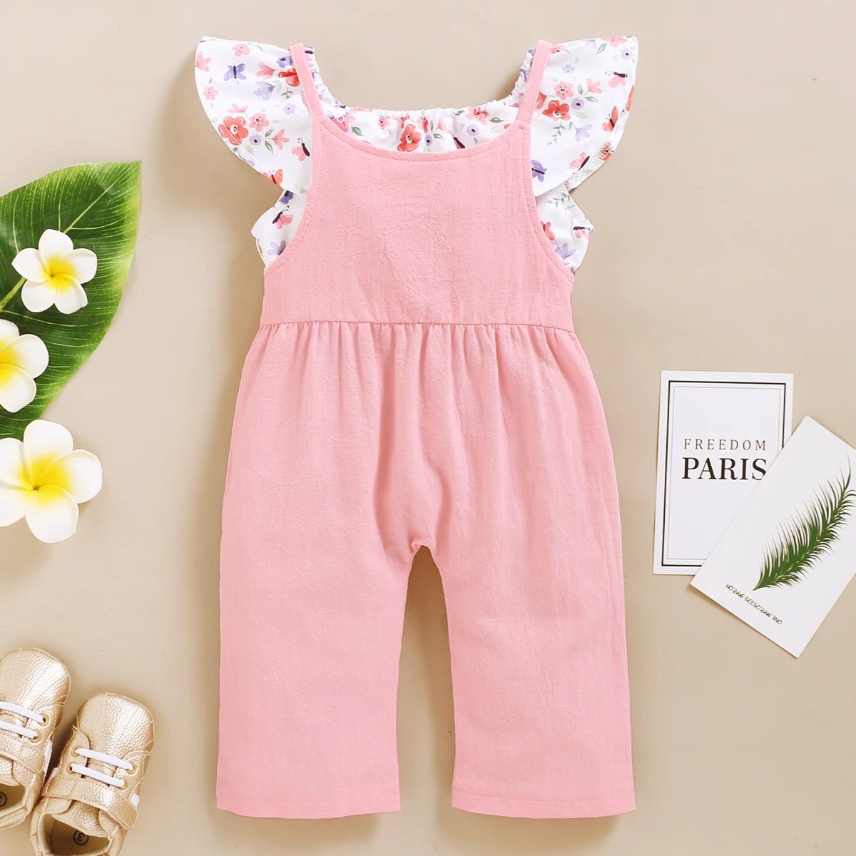1-5Years Toddler Girl Clothes Set Floral Print Lotus Leaf Sleeve Top+ Suspender Pant Summer Fashion  2PCS Outfits for Kids Girl