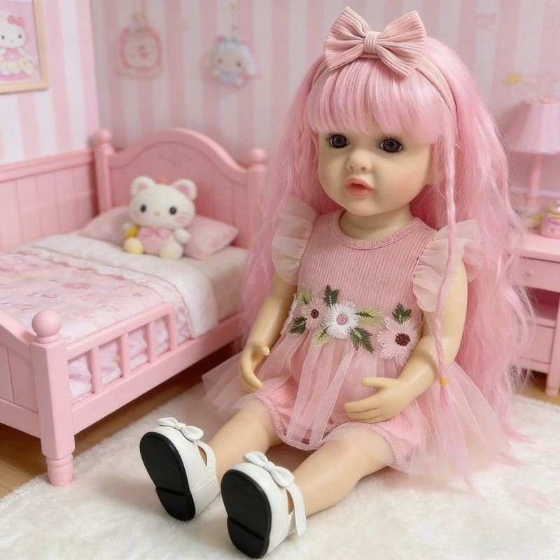 

55cm Girl Doll Betty in Full Vinyl Body Dreamy Pink Hair Real Looking Baby Dolls
