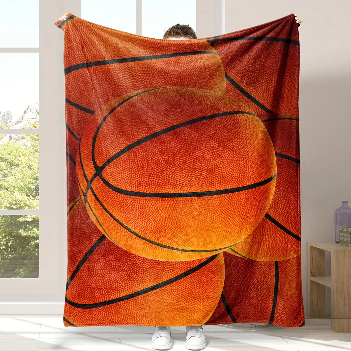 1pc Basketball Print Flannel Blanket - Soft, Comfortable All-Season Bed or Sofa Throw, Vibrant Orange & Black Retro Design
