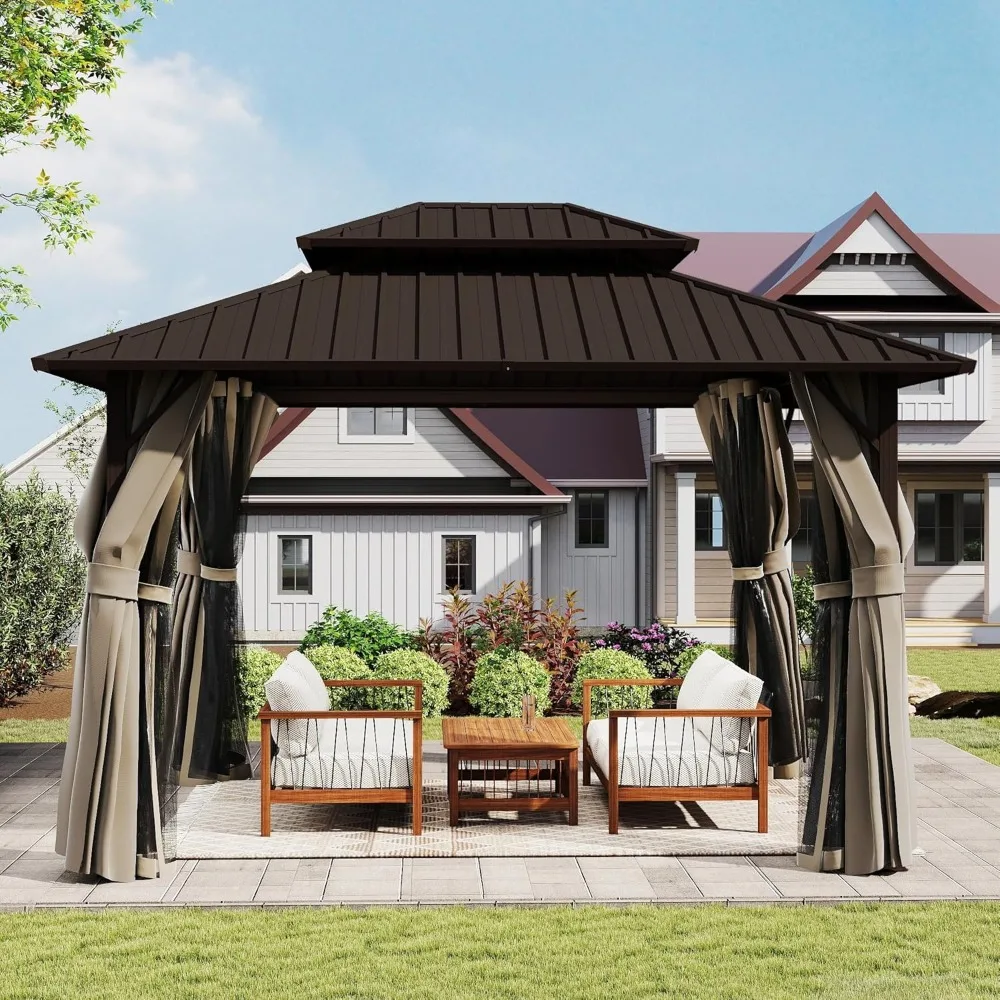 

10x12 Hardtop Gazebo Double Steel Roof Aluminum Frame Curtains Netting Patio Backyard Easy Assembly ,Customized