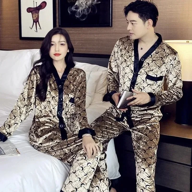 New Couple's Pajamas Spring Autumn Men Gold Velvet Loungewear Women Thin Models Sleepwear Set Winter V-neck Loose Homewear