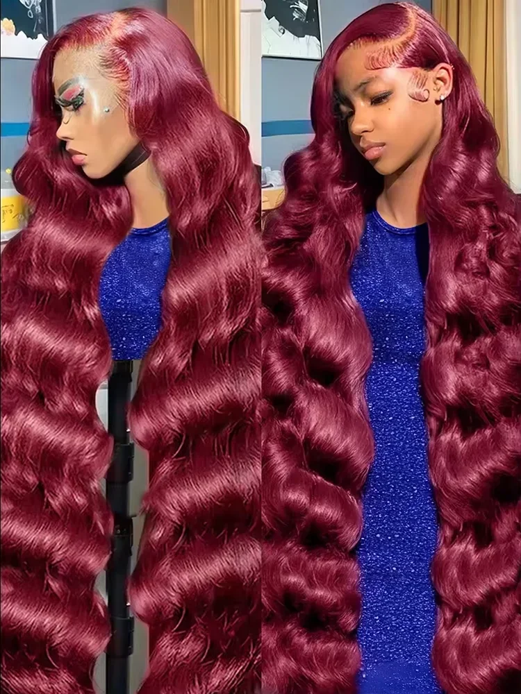 

250% Burgundy 99J 13x6 13x4 HD Lace Frontal Body Wave Wig Red Colored Transparent Human Hair Lace Front Wig Preplucked For Women