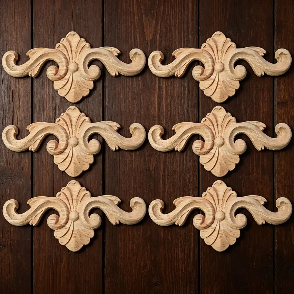 6PCS 12CM Carving Natural Wood Appliques for Furniture Cabinet Unpainted Wooden Mouldings Decal Vintage Decoration Accessories