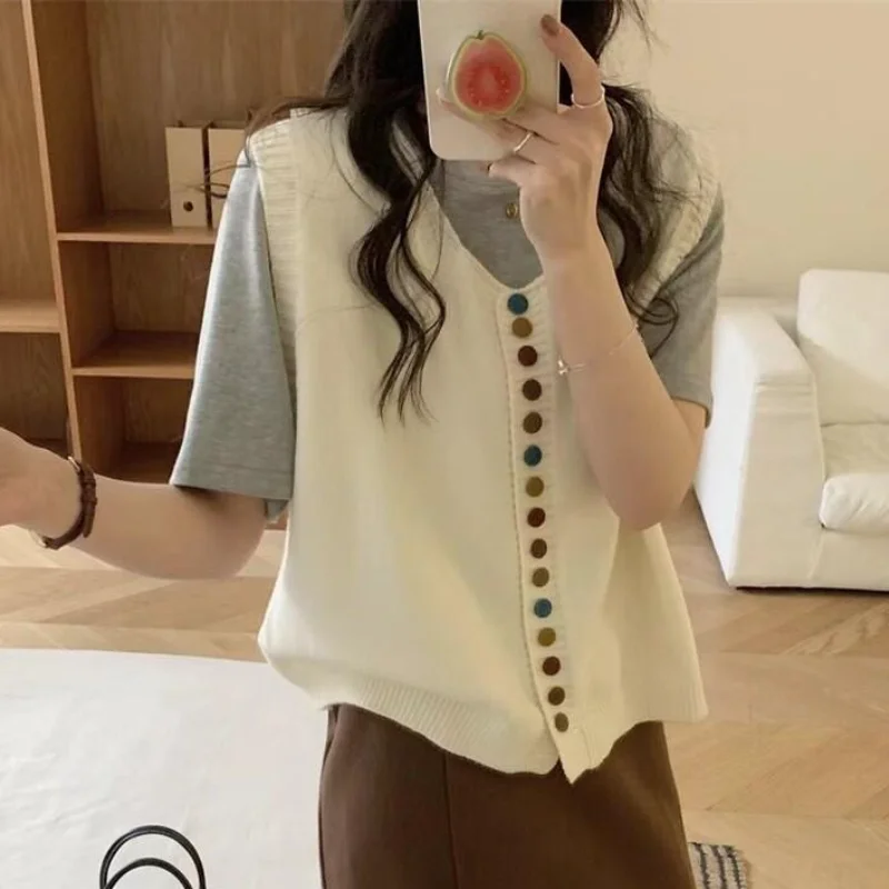 

Вязаный жилет, женский простой универсальный жилет в стиле ретро, жилет, мягкий и липкий круглый вырез, многослойный жилет-кардиган, новый стиль.