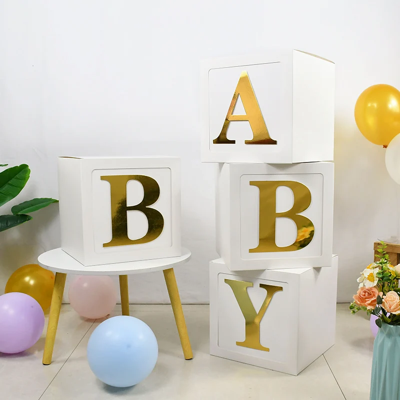 

8Pcs/Set Baby Shower Boxes White Gold BABY Balloon Boxes Letter Box 1st Birthday Party Decor Baby Shower Gender Reveal Supplies