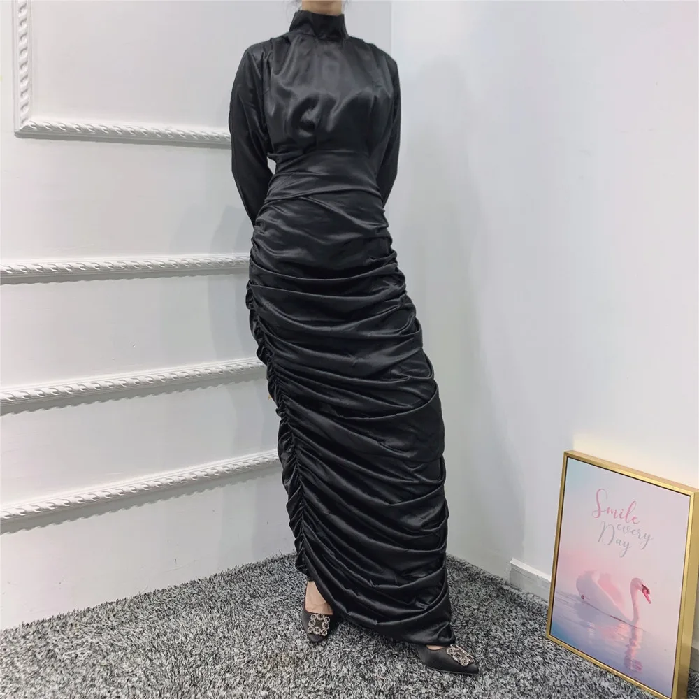 Fashion malaysia elegant satin body-con pleated long maxi slim muslim clothing dress for women