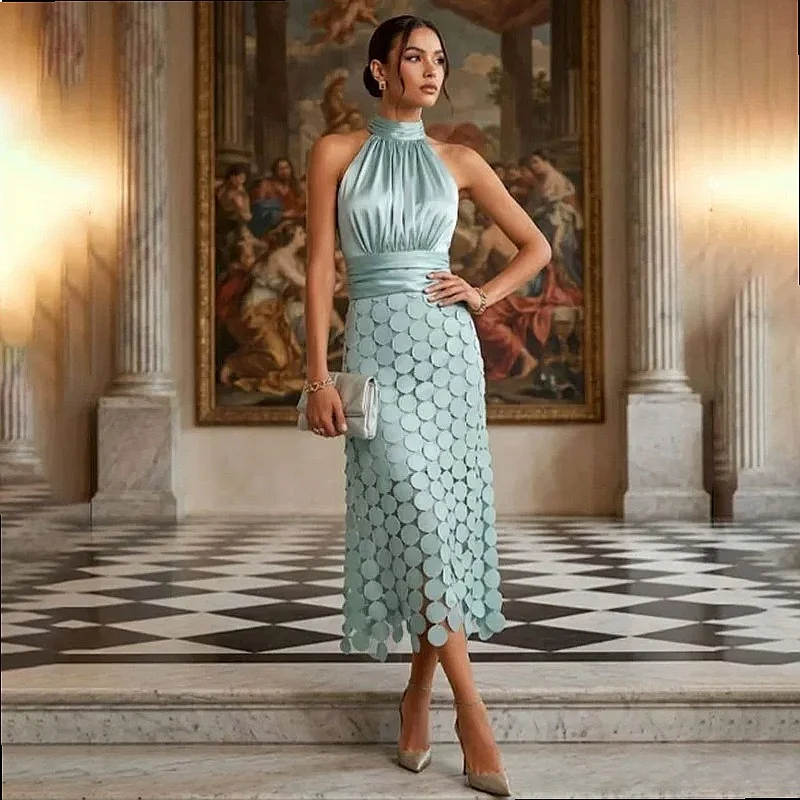 French Round Hem Dress Summer Elegant Dresses Geometric Design Halter Neck Women's Fashion Jumpsuit Playsuit