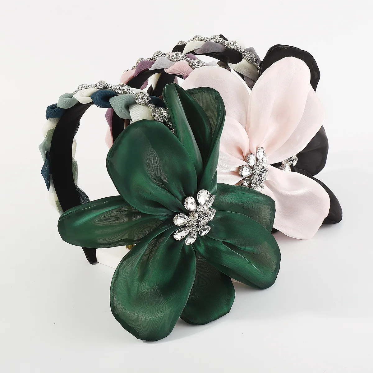 European and American Fashion Luxury Spinning Fairy Oversized Flower Rhinestone Headband Twist Braid Hairband for Women