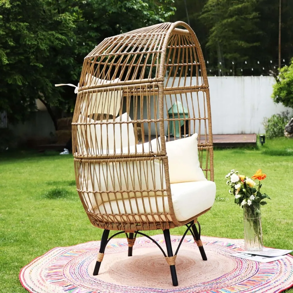 Patio Stationary Egg Chair, Outdoor Indoor Large PE Rattan Eggs Basket Chairs Oversized Lounge Chairs, Wicker Egg Chair