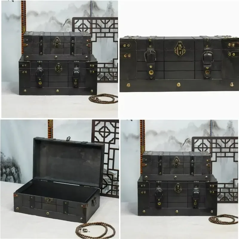 Retro wooden storage box with lock Large capacity household storage box Decorative ornament Treasure box