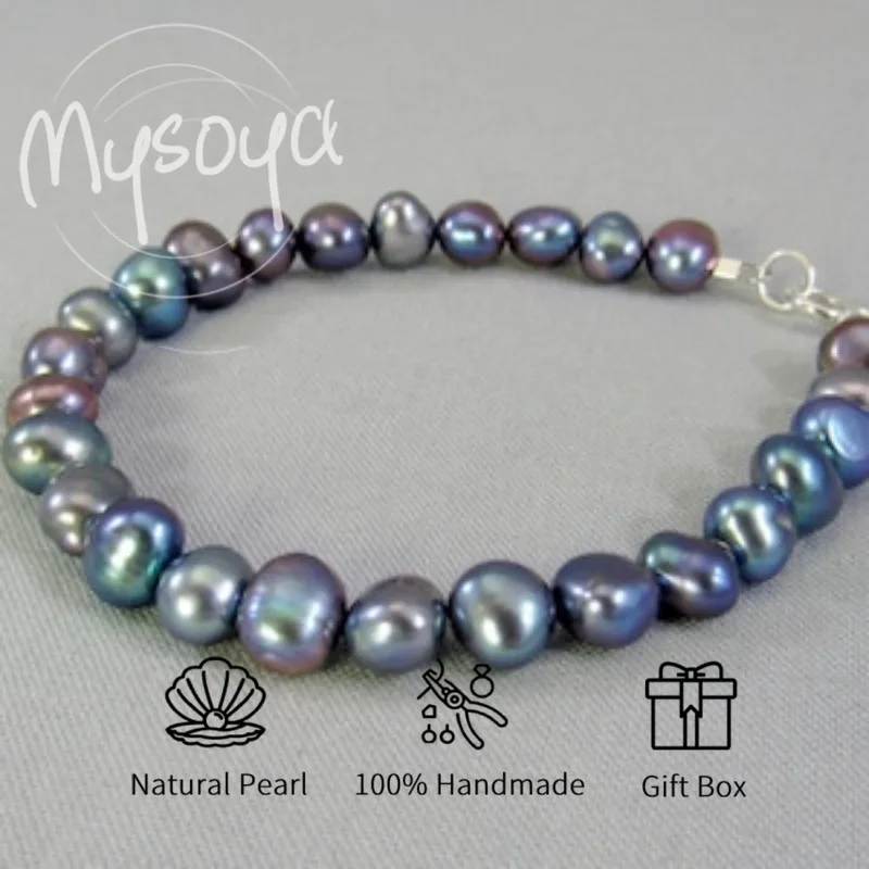

MYSOYA Peacock Black Baroque Freshwater Pearl Bracelet 7-8mm With Gift Box For Her/Him Birthday/Wedding/Christmas/New Year Gift