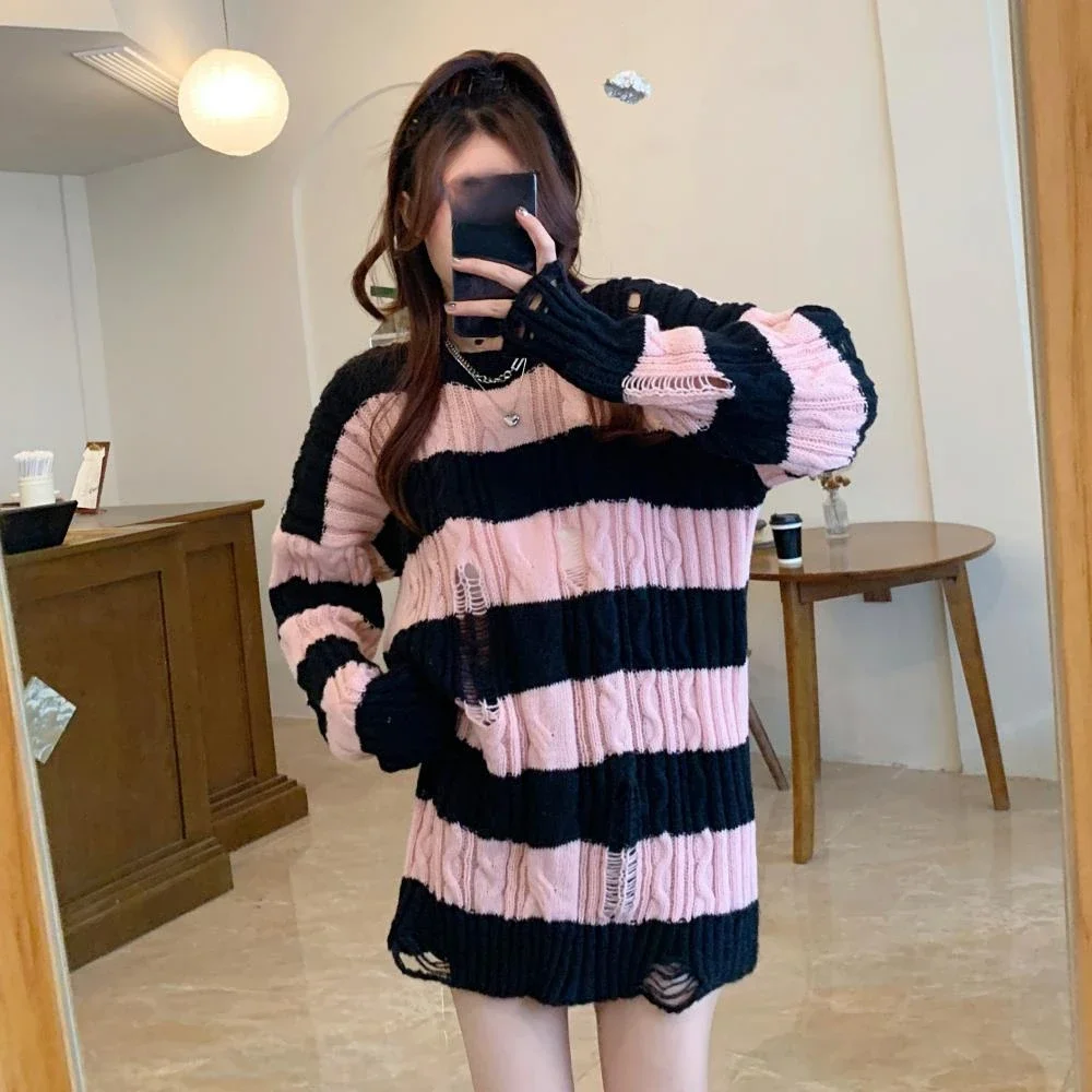 Women hollow out Tops Knitwear Autumn Winter stripe Sweater Women's O-neck casual loose long sleeve Pullover Trending Sweaters