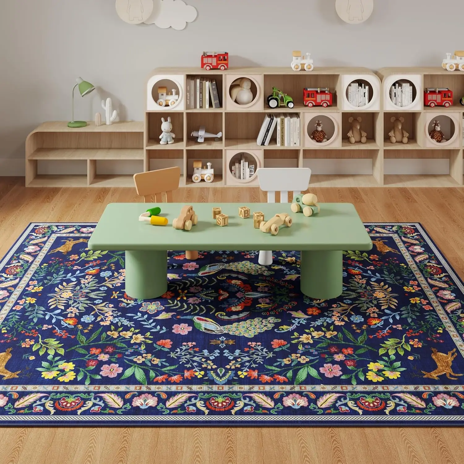 Navy Peacock Deer Floral Area Rug, Retro Vibrant Wildlife Bloom Print, Non-Slip Washable Mat for Bedroom Room Game Room Indoor - view 6