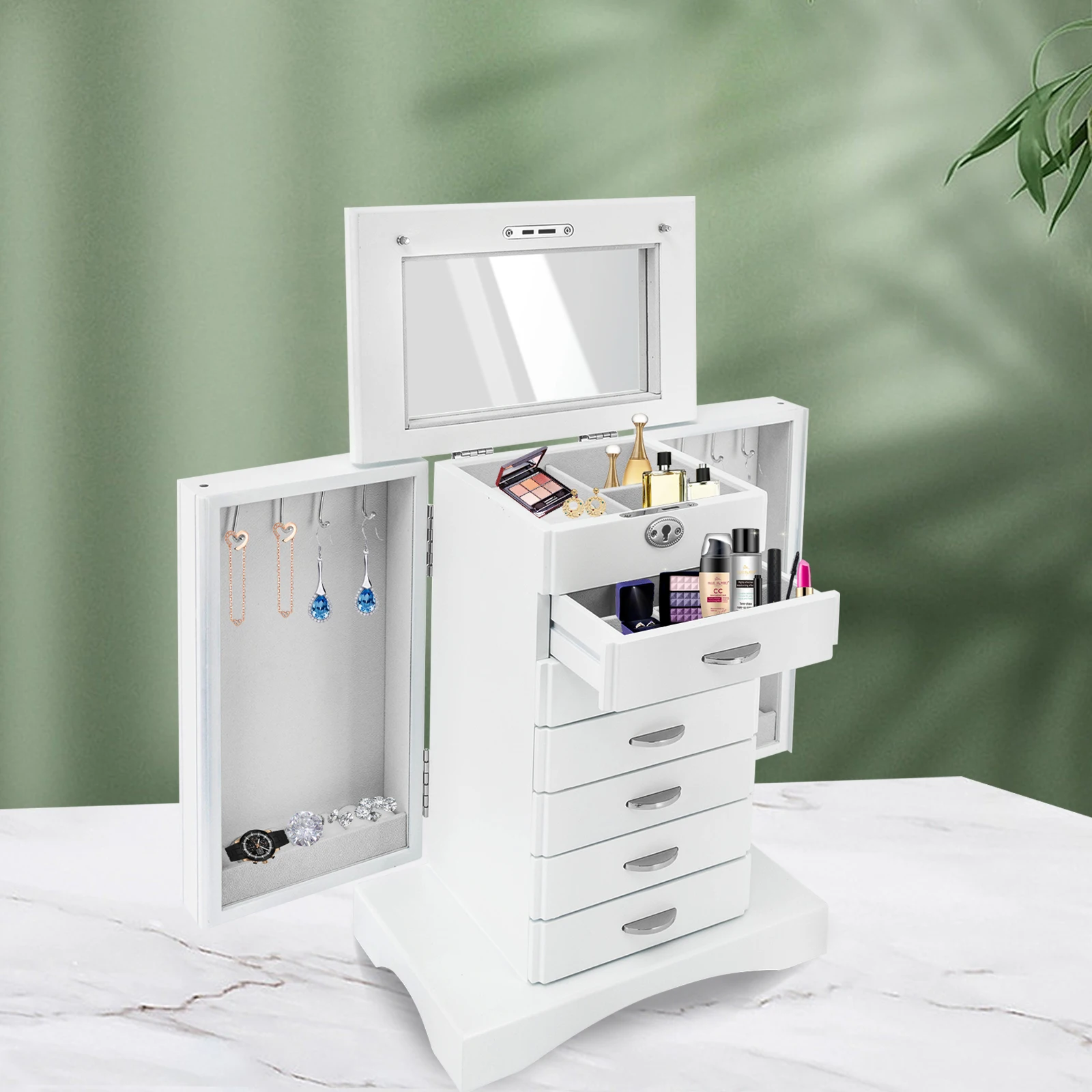 Large Capacity 7-Layer Jewelry Organizer MDF Flocking Lining Necklace Hooks For Earrings Rings Watches Valentine’s Day Gift