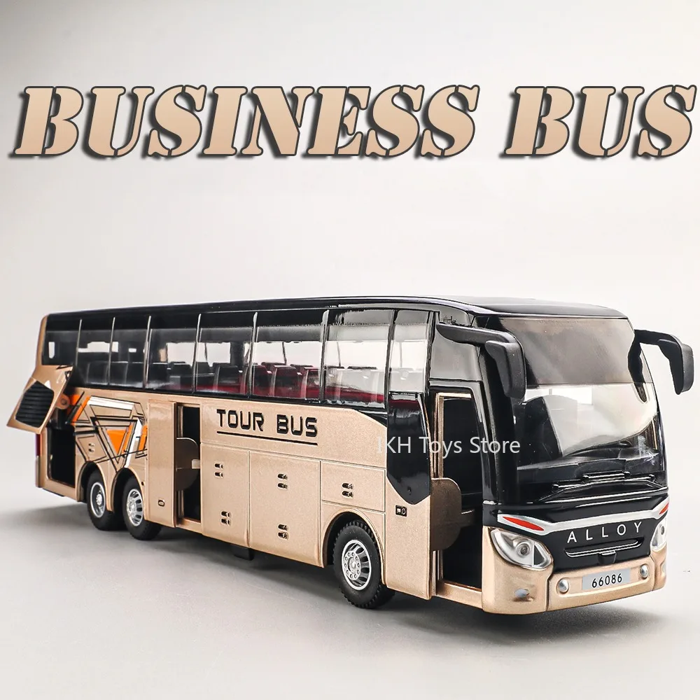

1:30 Business Long-distance Single Decker Bus Model Toys Alloy Diecast Sound Light Doors Opened Pull Back for Children Gifts