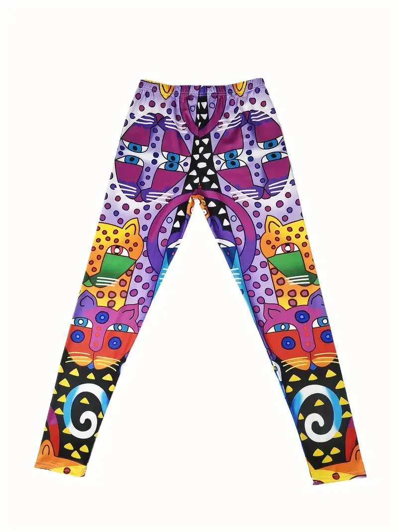 Art Kitten Print slim-fit elastic waist leggings for women traveling everyday wear