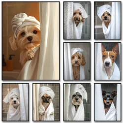 Cute Shower Dog Bathroom Decor Poster Dog in Bathtub Print Animal Murals Canvas Painting for Home Decor Dog Lover Gifts