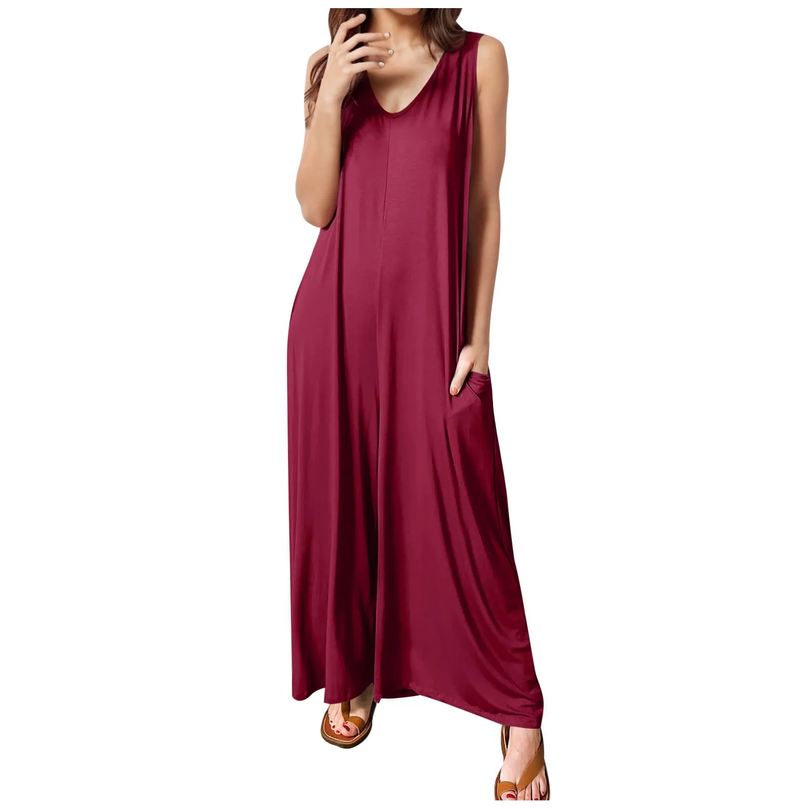 

Women Solid Color V Neck Jumpsuit Wide Leg Floor-length Pants Female Summer Casual Thin Double Pockets Sleeveless Loose Rompers